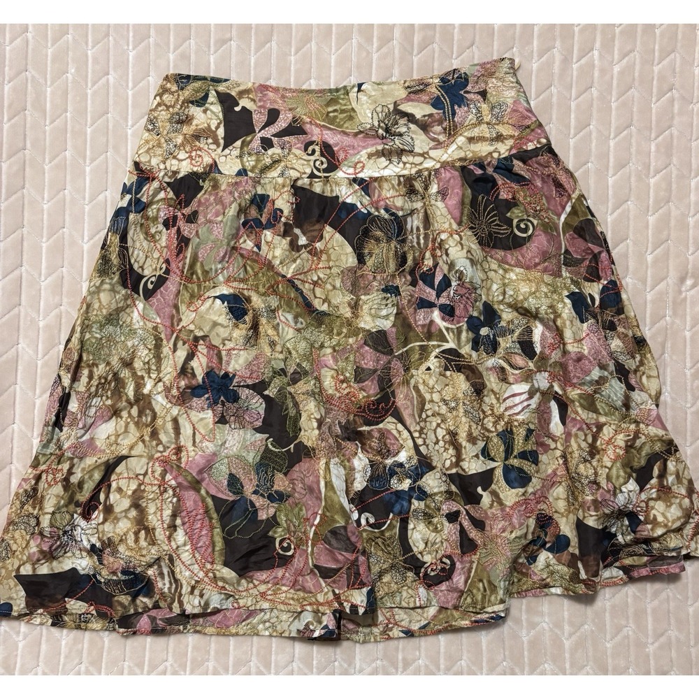 Chico’s Silk Embroidered Skirt L sz 2.5 Whimsigoth Dark Floral Boho Renaissance